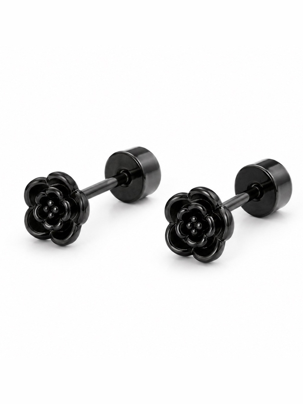 Black Rose Flat Back Stud Earrings 20G Stainless Steel